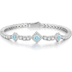 Birthstone 4mm Sterling Silver Tennis Square Gemstone Bracelet - 03-Aquarmarine